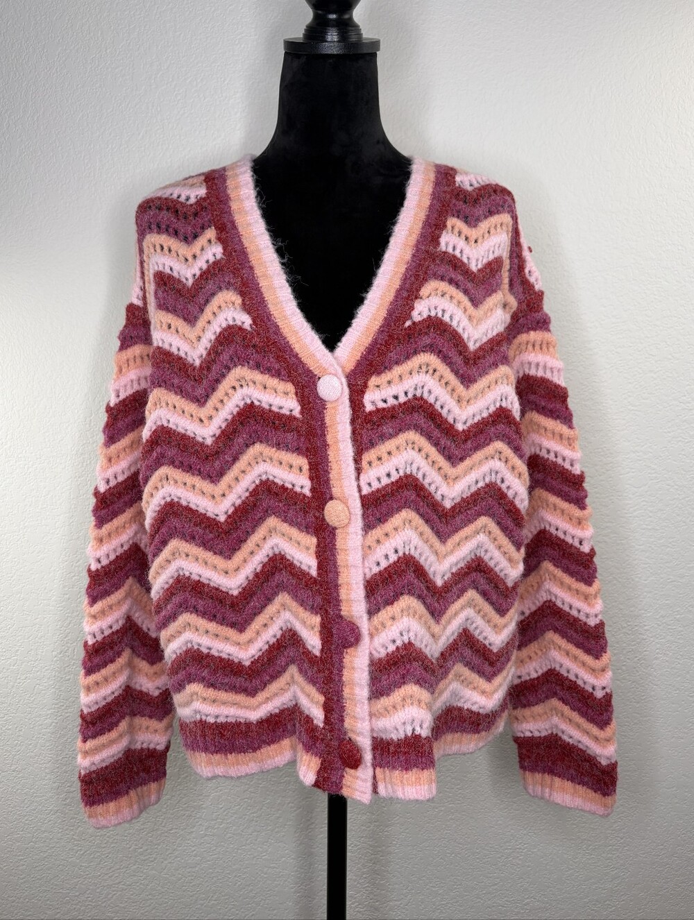 SugarLips Pink Stripe Zig Zag Large Button Knit Cardigan Large - Picture 3 of 6